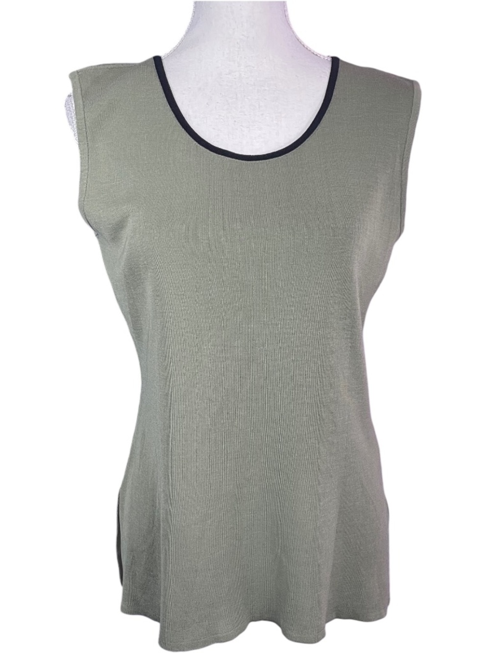 Misook Knit Sleeveless Top S Tank Round Scoop Neck Stretch Stretchy Olive Green